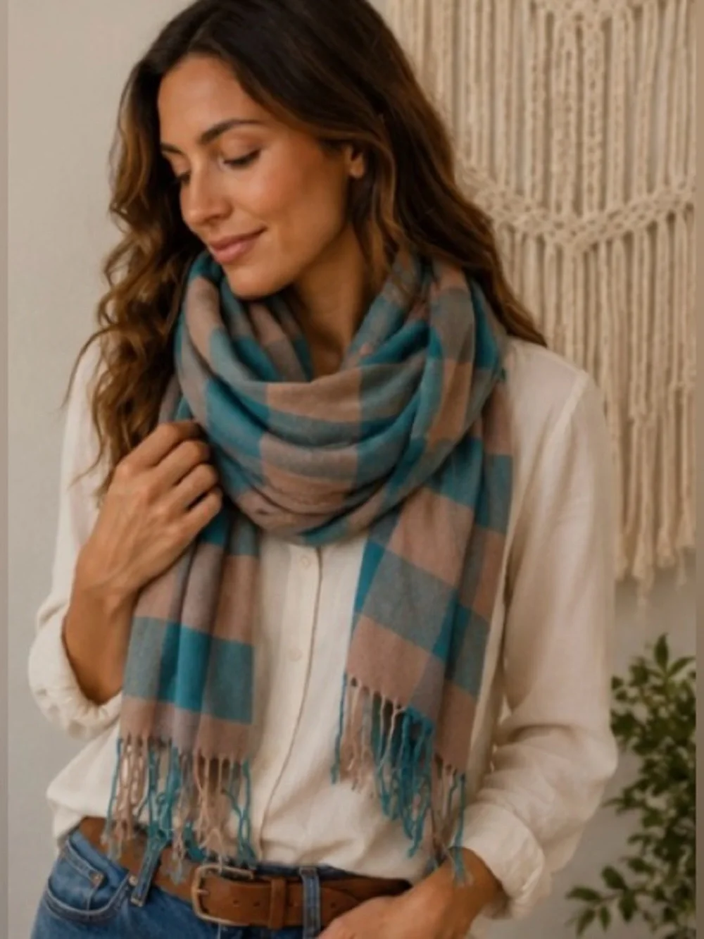 Oversized Turquoise Taupe Plaid Fringe Scarf Boho Cottagecore Coastal Wrap Shawl